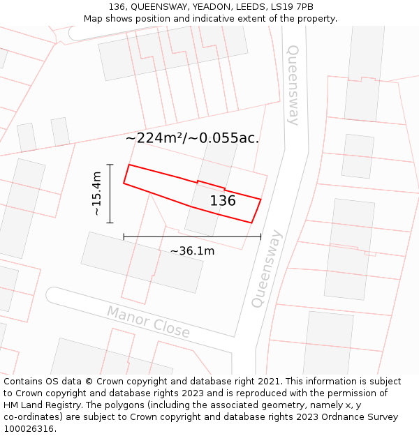 136, QUEENSWAY, YEADON, LEEDS, LS19 7PB: Plot and title map