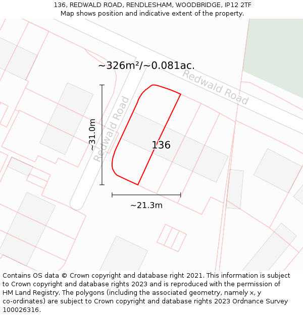136, REDWALD ROAD, RENDLESHAM, WOODBRIDGE, IP12 2TF: Plot and title map
