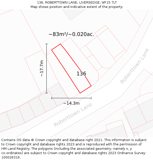 136, ROBERTTOWN LANE, LIVERSEDGE, WF15 7LT: Plot and title map