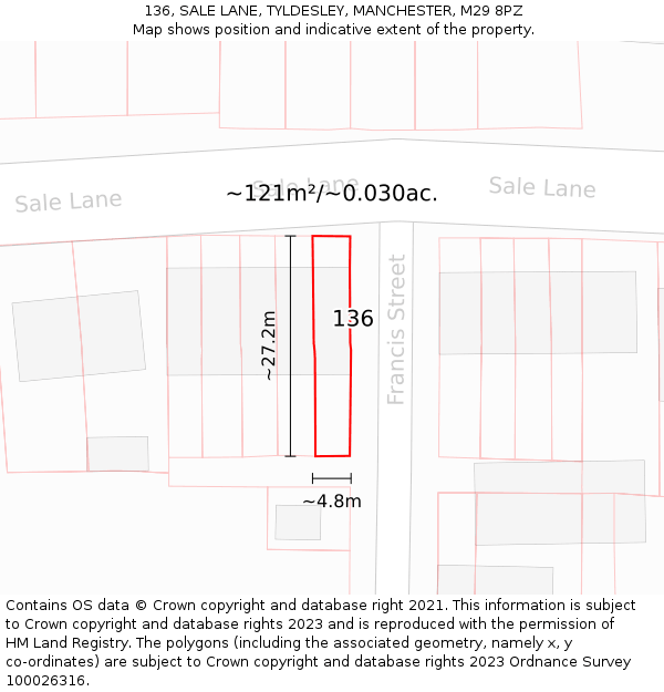 136, SALE LANE, TYLDESLEY, MANCHESTER, M29 8PZ: Plot and title map