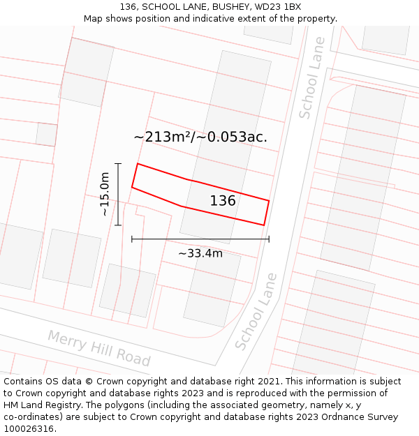 136, SCHOOL LANE, BUSHEY, WD23 1BX: Plot and title map