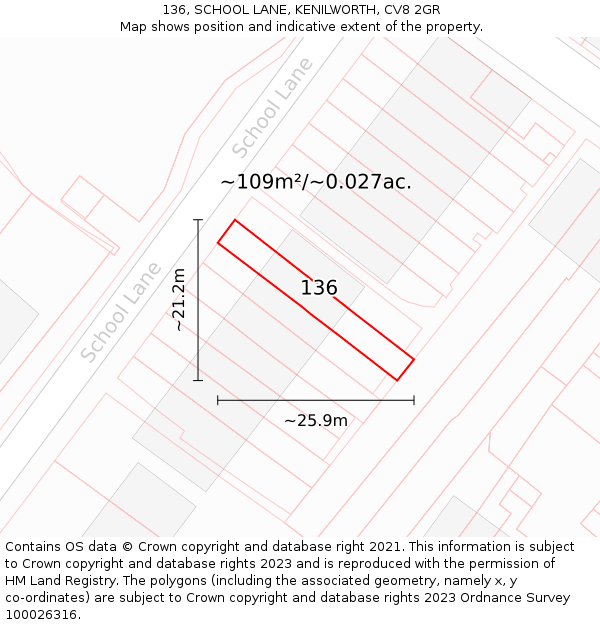 136, SCHOOL LANE, KENILWORTH, CV8 2GR: Plot and title map