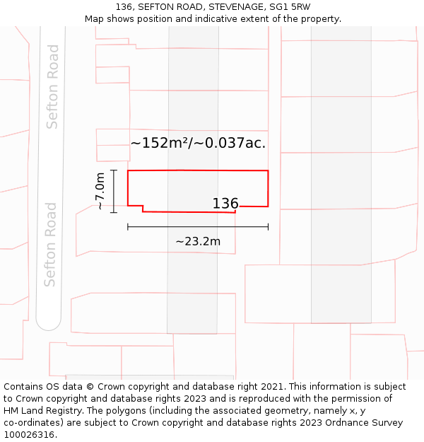136, SEFTON ROAD, STEVENAGE, SG1 5RW: Plot and title map