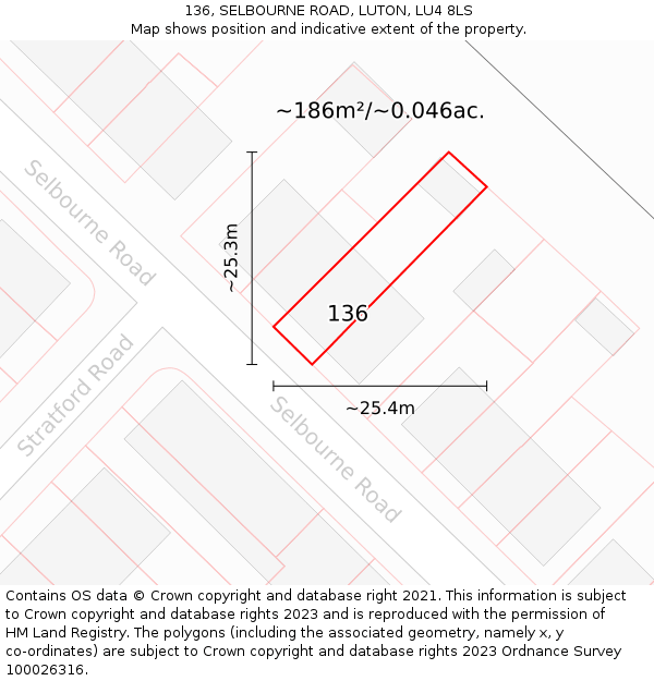 136, SELBOURNE ROAD, LUTON, LU4 8LS: Plot and title map