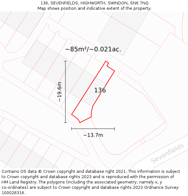 136, SEVENFIELDS, HIGHWORTH, SWINDON, SN6 7NQ: Plot and title map