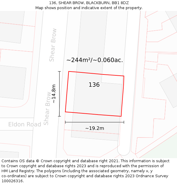 136, SHEAR BROW, BLACKBURN, BB1 8DZ: Plot and title map