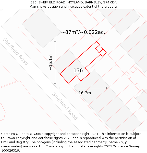 136, SHEFFIELD ROAD, HOYLAND, BARNSLEY, S74 0DN: Plot and title map