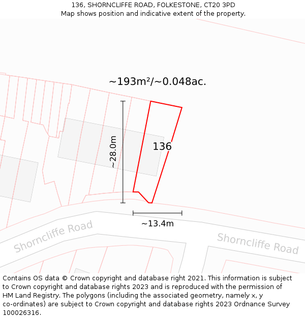 136, SHORNCLIFFE ROAD, FOLKESTONE, CT20 3PD: Plot and title map