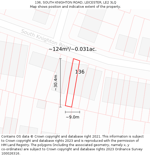 136, SOUTH KNIGHTON ROAD, LEICESTER, LE2 3LQ: Plot and title map