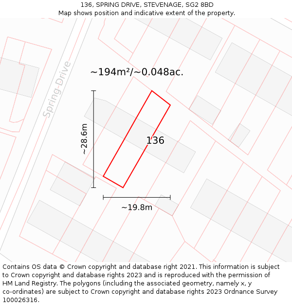136, SPRING DRIVE, STEVENAGE, SG2 8BD: Plot and title map
