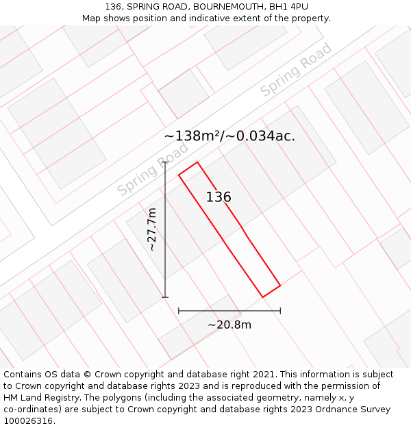 136, SPRING ROAD, BOURNEMOUTH, BH1 4PU: Plot and title map