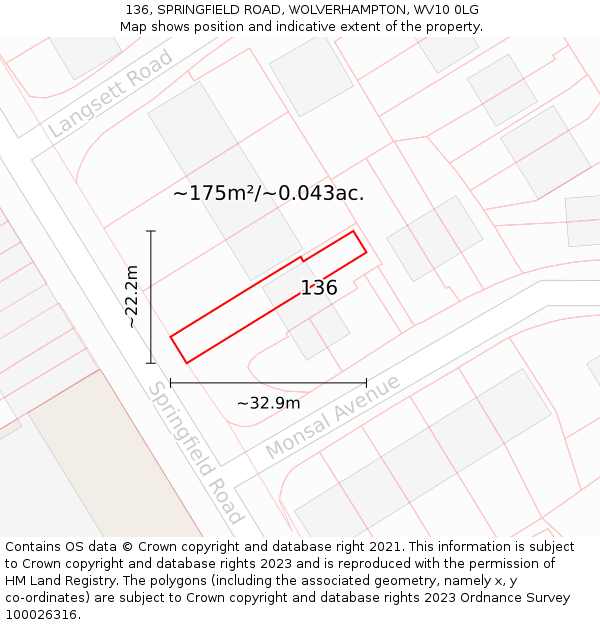 136, SPRINGFIELD ROAD, WOLVERHAMPTON, WV10 0LG: Plot and title map