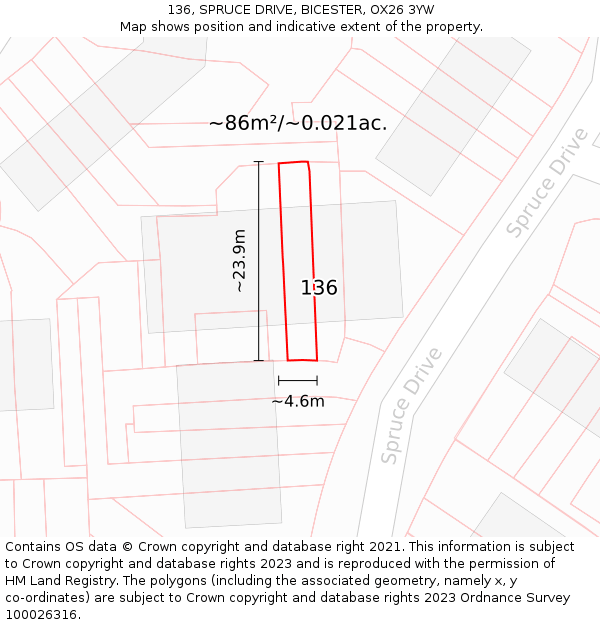 136, SPRUCE DRIVE, BICESTER, OX26 3YW: Plot and title map