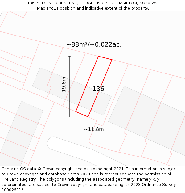 136, STIRLING CRESCENT, HEDGE END, SOUTHAMPTON, SO30 2AL: Plot and title map