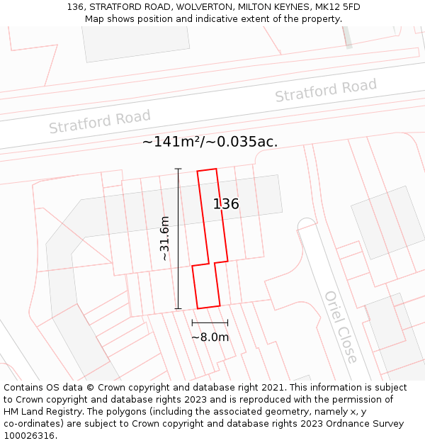 136, STRATFORD ROAD, WOLVERTON, MILTON KEYNES, MK12 5FD: Plot and title map