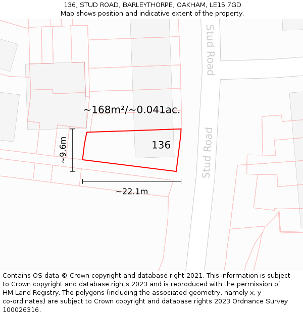 136, STUD ROAD, BARLEYTHORPE, OAKHAM, LE15 7GD: Plot and title map