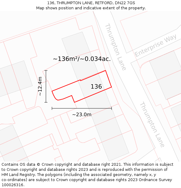 136, THRUMPTON LANE, RETFORD, DN22 7GS: Plot and title map