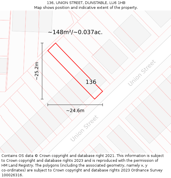 136, UNION STREET, DUNSTABLE, LU6 1HB: Plot and title map