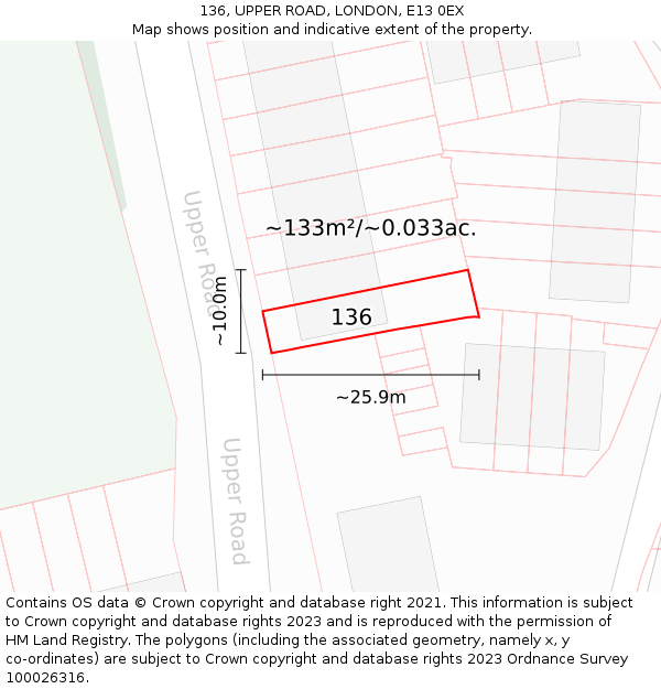 136, UPPER ROAD, LONDON, E13 0EX: Plot and title map