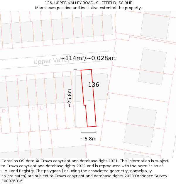 136, UPPER VALLEY ROAD, SHEFFIELD, S8 9HE: Plot and title map