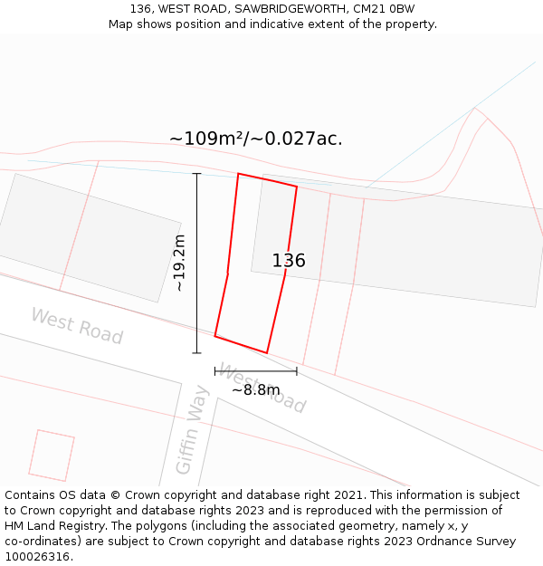 136, WEST ROAD, SAWBRIDGEWORTH, CM21 0BW: Plot and title map