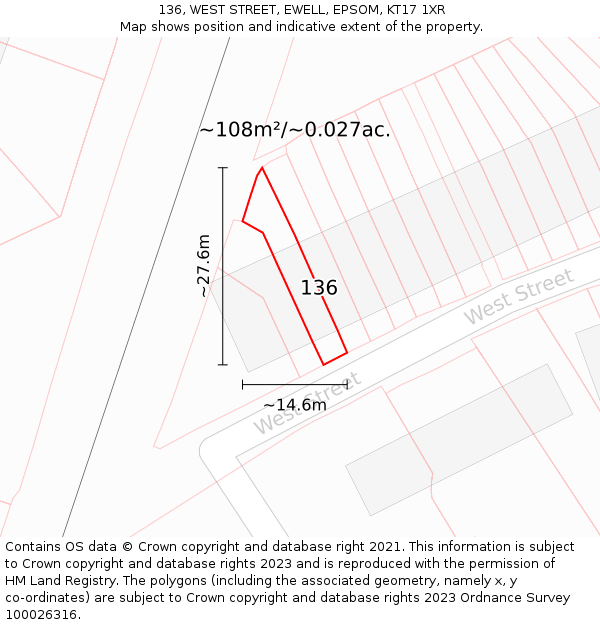 136, WEST STREET, EWELL, EPSOM, KT17 1XR: Plot and title map