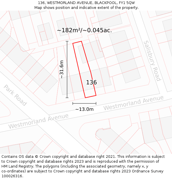 136, WESTMORLAND AVENUE, BLACKPOOL, FY1 5QW: Plot and title map