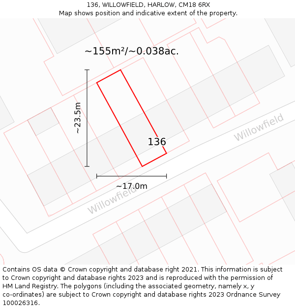 136, WILLOWFIELD, HARLOW, CM18 6RX: Plot and title map