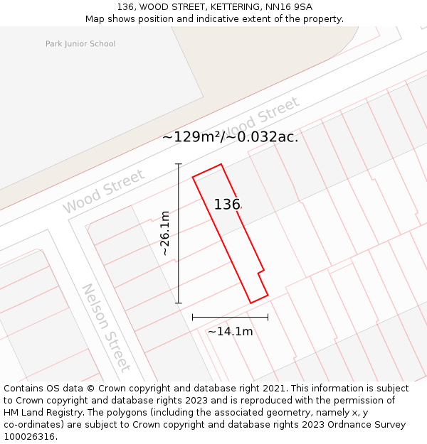 136, WOOD STREET, KETTERING, NN16 9SA: Plot and title map