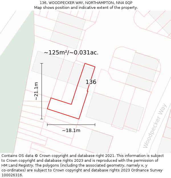 136, WOODPECKER WAY, NORTHAMPTON, NN4 0QP: Plot and title map