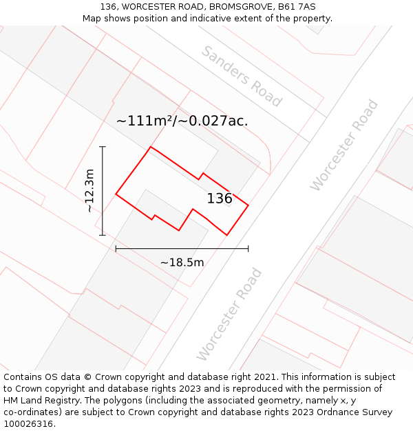 136, WORCESTER ROAD, BROMSGROVE, B61 7AS: Plot and title map