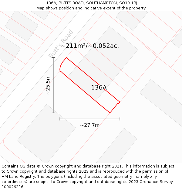 136A, BUTTS ROAD, SOUTHAMPTON, SO19 1BJ: Plot and title map