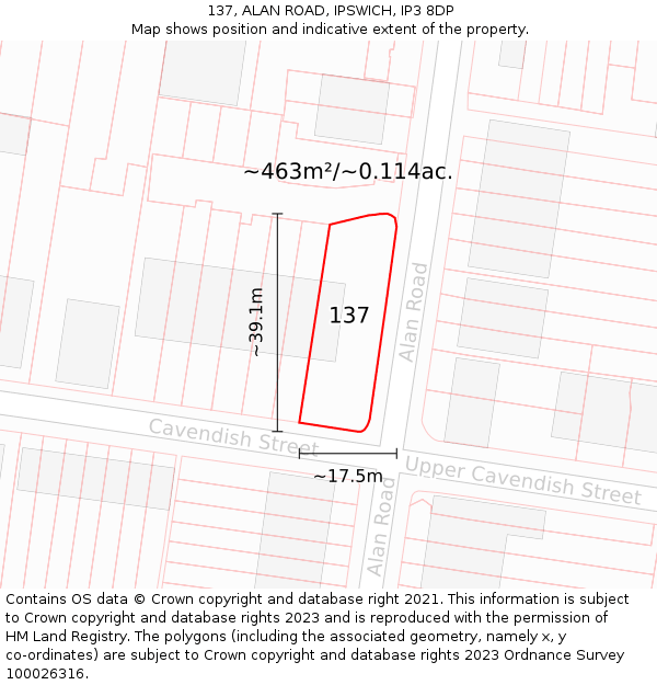 137, ALAN ROAD, IPSWICH, IP3 8DP: Plot and title map