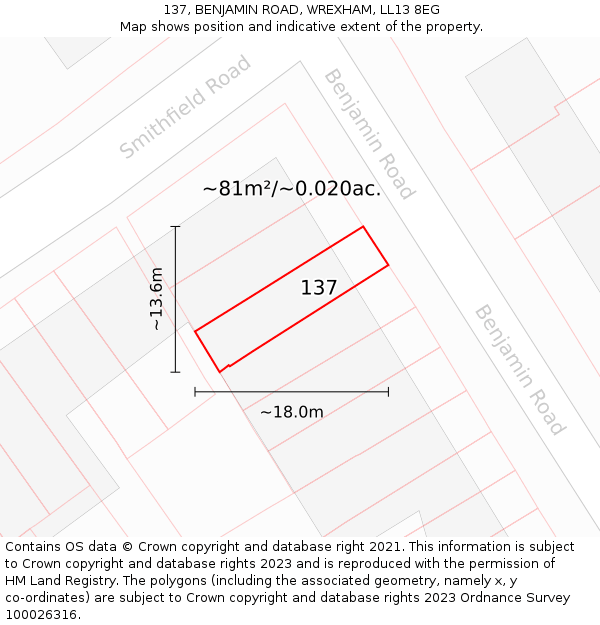 137, BENJAMIN ROAD, WREXHAM, LL13 8EG: Plot and title map