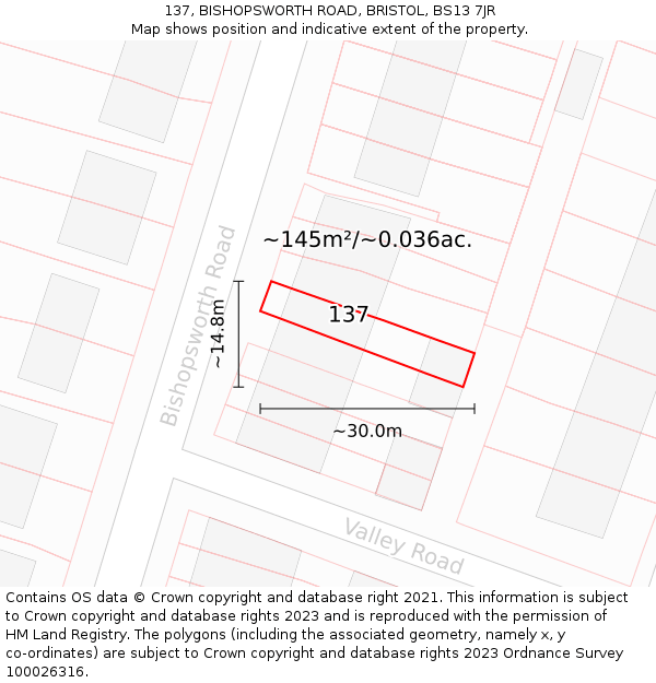 137, BISHOPSWORTH ROAD, BRISTOL, BS13 7JR: Plot and title map