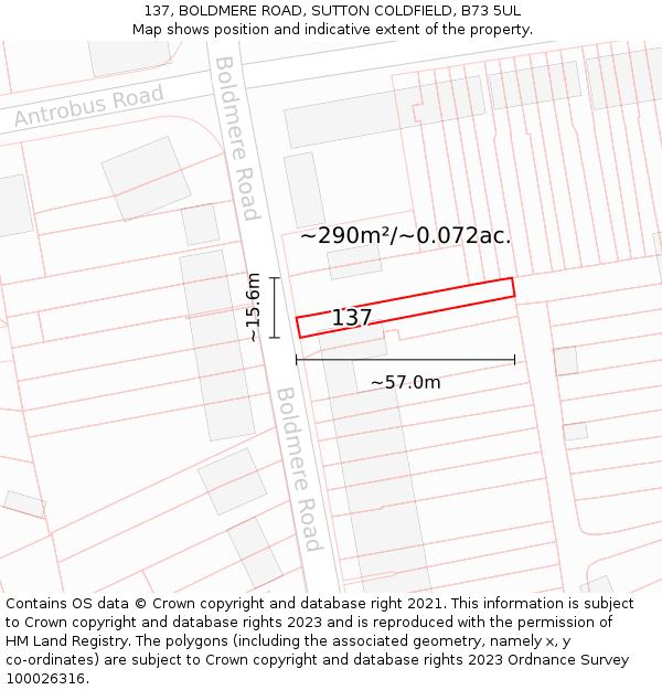 137, BOLDMERE ROAD, SUTTON COLDFIELD, B73 5UL: Plot and title map