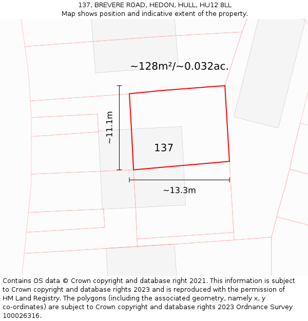 137, BREVERE ROAD, HEDON, HULL, HU12 8LL: Plot and title map