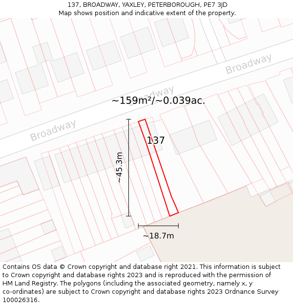 137, BROADWAY, YAXLEY, PETERBOROUGH, PE7 3JD: Plot and title map