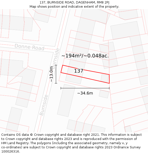 137, BURNSIDE ROAD, DAGENHAM, RM8 2PJ: Plot and title map