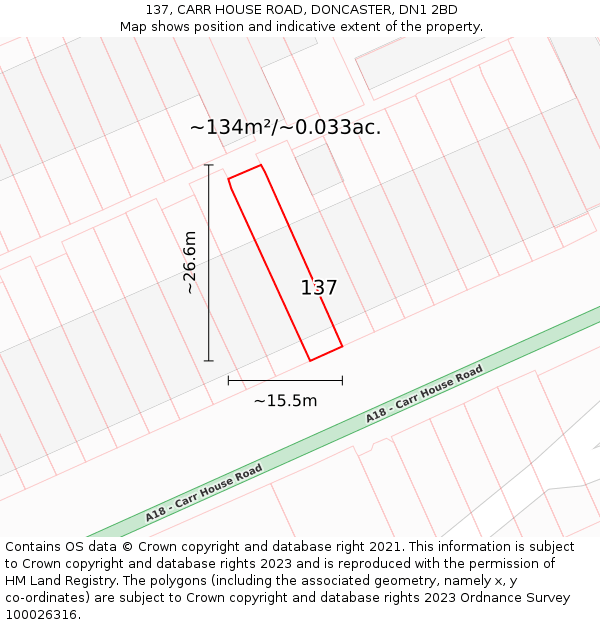137, CARR HOUSE ROAD, DONCASTER, DN1 2BD: Plot and title map