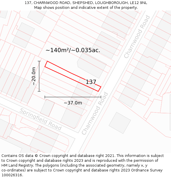 137, CHARNWOOD ROAD, SHEPSHED, LOUGHBOROUGH, LE12 9NL: Plot and title map