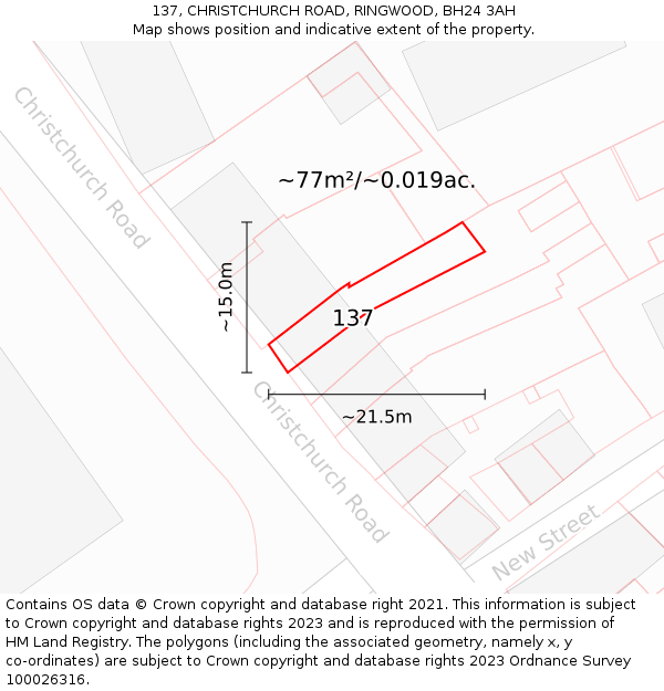 137, CHRISTCHURCH ROAD, RINGWOOD, BH24 3AH: Plot and title map