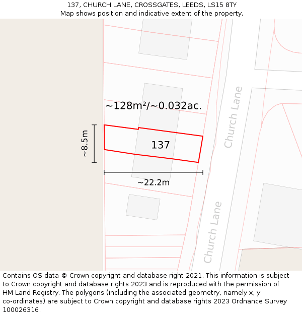 137, CHURCH LANE, CROSSGATES, LEEDS, LS15 8TY: Plot and title map