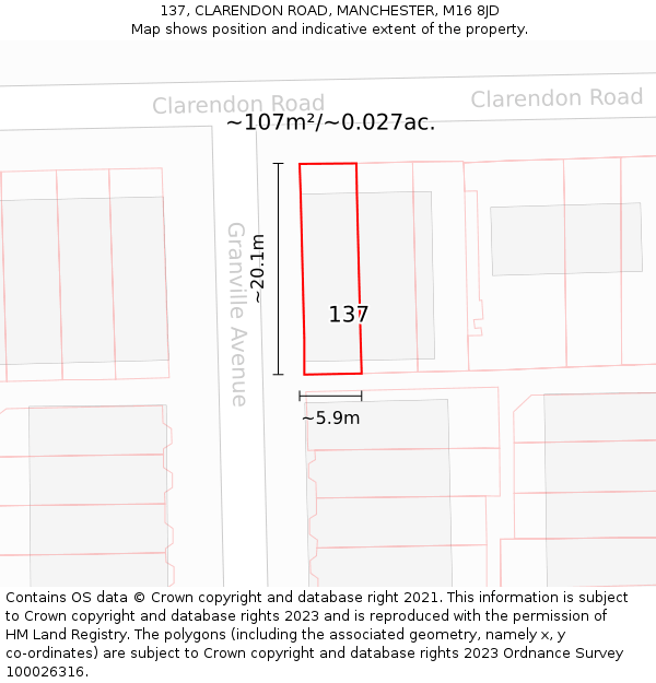 137, CLARENDON ROAD, MANCHESTER, M16 8JD: Plot and title map