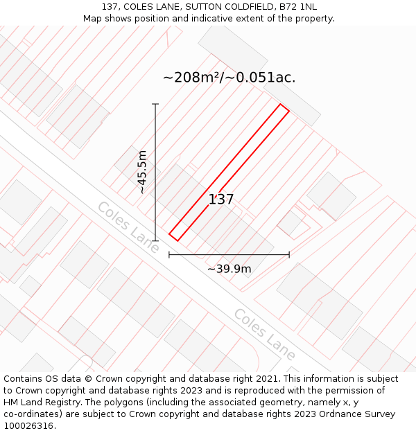 137, COLES LANE, SUTTON COLDFIELD, B72 1NL: Plot and title map