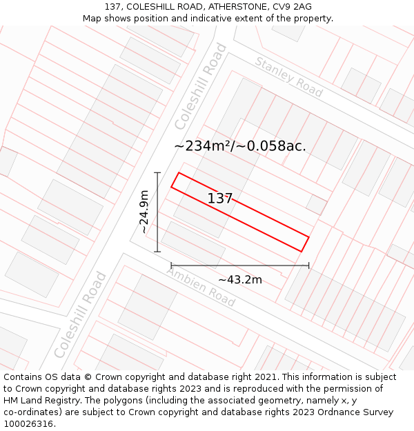 137, COLESHILL ROAD, ATHERSTONE, CV9 2AG: Plot and title map