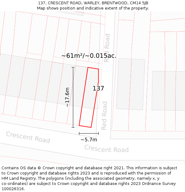 137, CRESCENT ROAD, WARLEY, BRENTWOOD, CM14 5JB: Plot and title map