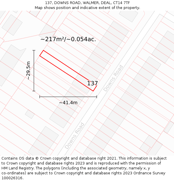 137, DOWNS ROAD, WALMER, DEAL, CT14 7TF: Plot and title map