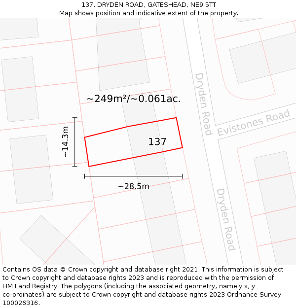 137, DRYDEN ROAD, GATESHEAD, NE9 5TT: Plot and title map