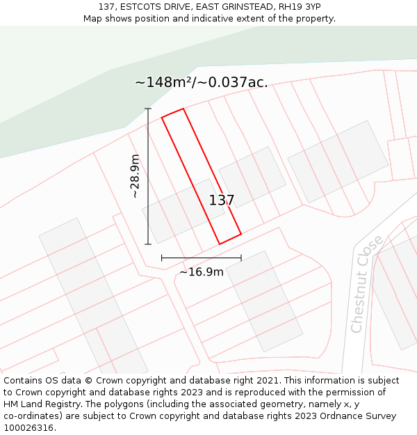 137, ESTCOTS DRIVE, EAST GRINSTEAD, RH19 3YP: Plot and title map